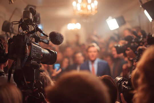 Mic in focus amid hazy camera crew and reporters at ress event