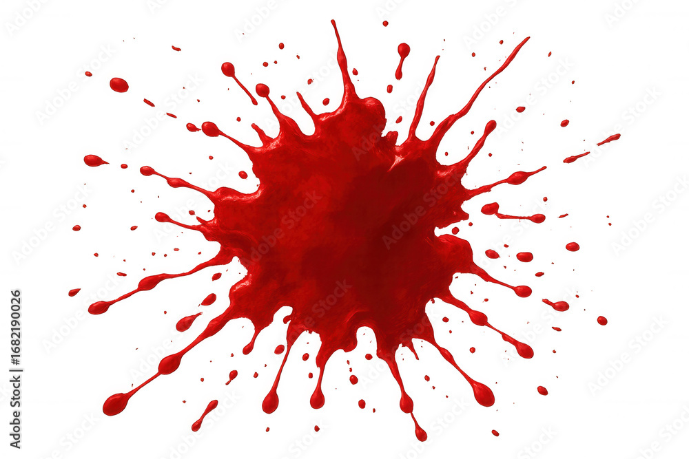Poster bright red paint splattering on a transparent background, creating a vibrant and dynamic visual