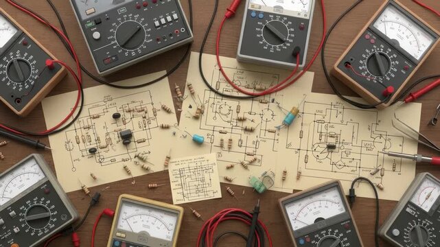 Vintage electronics workbench with multimeter, schematic, and components for repair and