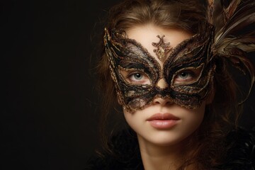 A woman with a lace mask adorned with feathers and intricate gold detailing against a dark backdrop