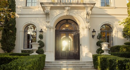 Elegant Mansion Entrance with Sunlit Doorway and Lush Greenery