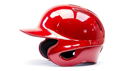A red baseball helmet with a glossy finish sits on a white surface in a studio setting indoors alone
