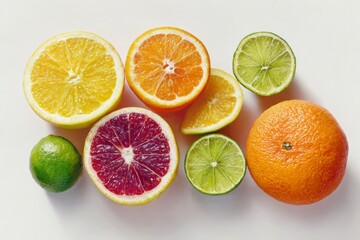 Assorted citrus fruitsorange lemon lime  blood orangedisplayed cut  whole on a white background
