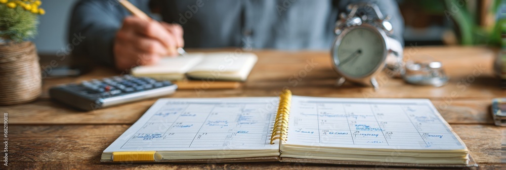 Poster a person writes in a notebook while surrounded by a calculator, clock, and calendar on a rustic wood