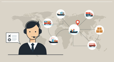 Minimalist vector illustration of logistics communication, person with headset managing transport network