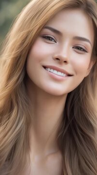 Young woman smiling warmly with a natural, joyful expression. Soft lighting highlights her features, capturing a moment of genuine beauty and positive emotion in a close-up shot.458