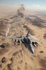 Military jet plane soaring over desert landscape with smoke