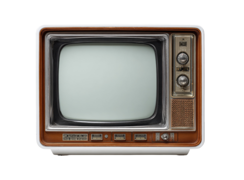 Vintage television, blank screen.  Wooden & white casing,  controls visible