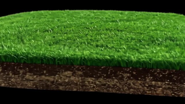 A square of lush green grass with layers of soil below, isolated on black