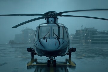 Dark helicopter on wet tarmac in a drizzle