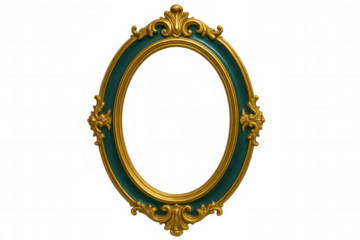 Ornate golden baroque oval frame with teal border, highlighting intricate decorative elements against transparent background