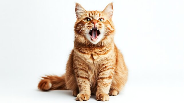 A fluffy orange tabby cat sitting upright with its mouth wide open on a white background in studio shot