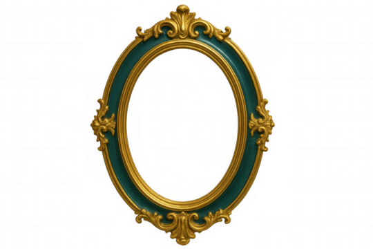 Ornate golden baroque oval frame with teal border, highlighting intricate decorative elements against transparent background