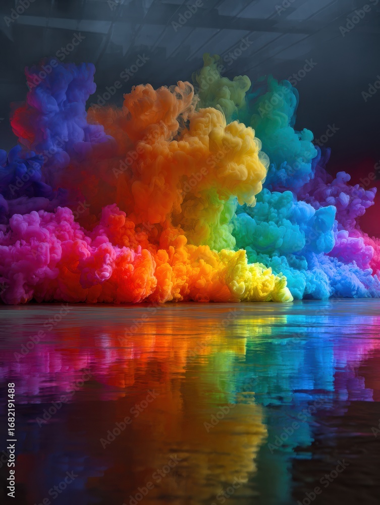 Poster a striking array of colorful smoke fills the air, reflecting beautifully on a wet surface in a dimly