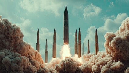 Missile launch, multiple rockets, intense plumes of smoke