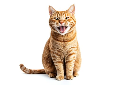 A ginger tabby cat sitting upright on a white background with its mouth open showing teeth - Powered by Adobe