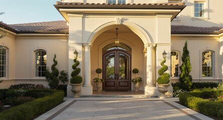 Obraz premium Grand House Entrance with Archway and Landscaping