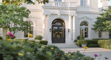 Obraz premium Grand Entrance to a Luxurious Mansion with Classical Architecture and Lush Greenery