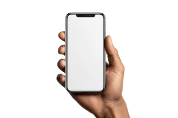 A hand holds a modern smartphone with a blank screen.  The phone is dark gray, and the screen is white.  Hand is medium tone.  Isolated on black