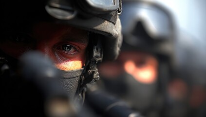 Focused soldier in tactical gear, eyes alert