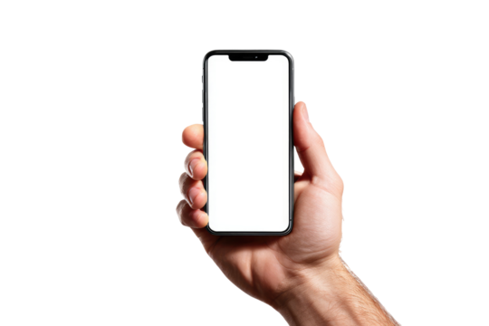 Close-up of a hand holding a smartphone with a blank screen