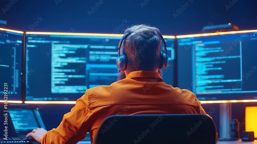Poster programmer computer code monitor technology office night headphones, focused developer working night