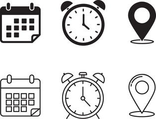 Calendar Clock and Location Pin Icons in Solid and Outline Styles