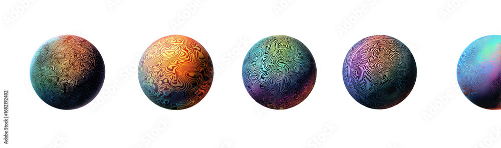 Poster five colorful abstract textured spheres with intricate swirling patterns on black background