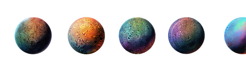 Five colorful abstract textured spheres with intricate swirling patterns on black background
