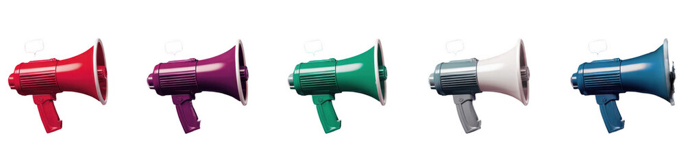 Five colorful megaphones in red, purple, green, white, and blue isolated on white background