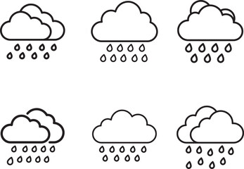 Fototapeta premium Set of six cloud icons with rain drops in a simple line style