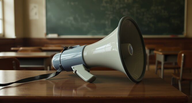 Megaphone on a Classroom Desk Announcement, Education, Communication Concept