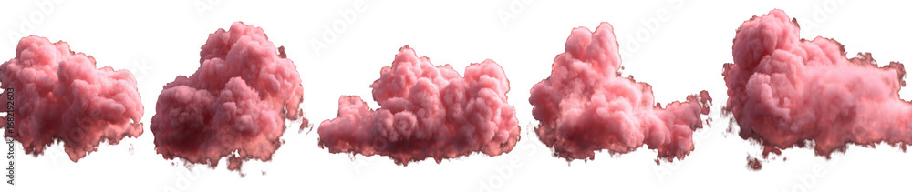 Poster five distinct pink smoke clouds isolated on a transparent background with soft fluffy texture