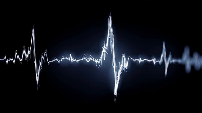 Illuminated waveform graphic against a black background with varying amplitude and frequency levels