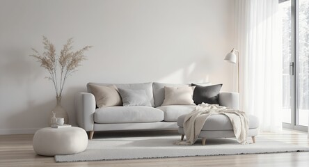 Modern living room interior design with light grey sofa, ottoman, and pampas grass decor
