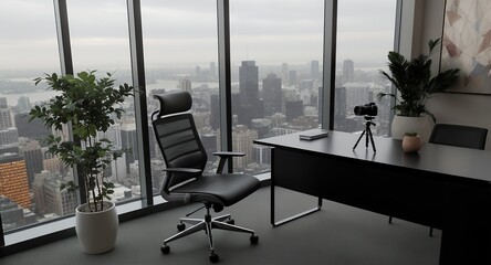 Modern Office Interior with City View and Camera on Tripod