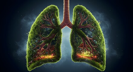 A human lung as a vibrant forest ecosystem, a powerful metaphor for the breath of life, the connection to nature, and a living, breathing world