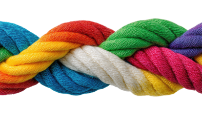 Close-up of a colorful braided rope, featuring a spectrum of vibrant hues, tightly interwoven