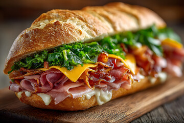 A tasty sub sandwich with meats greens and cheese ona bun