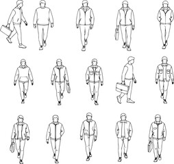 CAD Drawings. Set business people outlines isolated on white background. Walking, standing, talking etc. Vector illustration.
