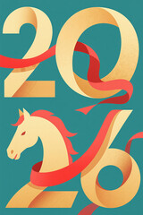 A golden 2026 Year of the Horse poster design combining numbers and shapes with ribbon shapes