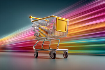 Modern shopping cart with yellow accents on reflective floor. Colorful streaks in background evoke speed, energy, and digital retail themes.