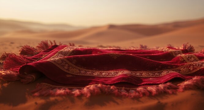 Red patterned rug on desert sand, sunrise background, textured fabric, warm tones, travel, adventure, mystical atmosphere