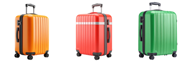 Three Colorful Rolling Suitcases Isolated on a Transparent Background Offering Options For Travel and Tourism