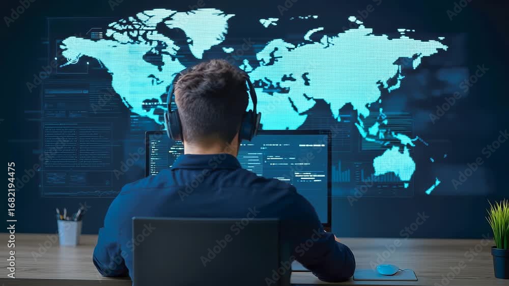 Aufkleber man with headset at computer analyzing global data on digital world map, cybersecurity, technology, 