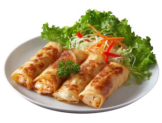Four golden brown spring rolls served on a white plate with fresh green lettuce and shredded vegetables