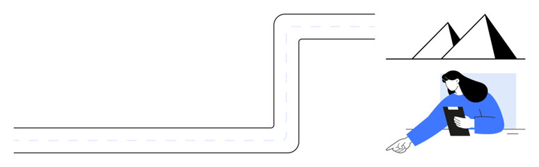 Road bends seamlessly toward abstract mountains, woman in blue holds tablet, pointing and guiding. Ideal for journey, exploration, direction, planning, navigation, travel goal simple landing page