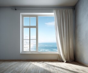 Fototapeta premium A tranquil interior room showcases a large window with light beige curtains, offering a breathtaking ocean view.
