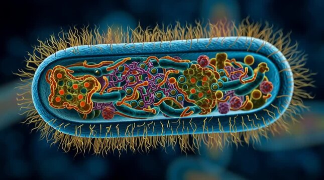 A detailed microscopic view of a bacterium cell with its internal structures and external filaments