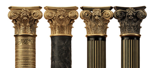 Four intricately designed classical Corinthian column capitals with detailed acanthus leaf carvings
